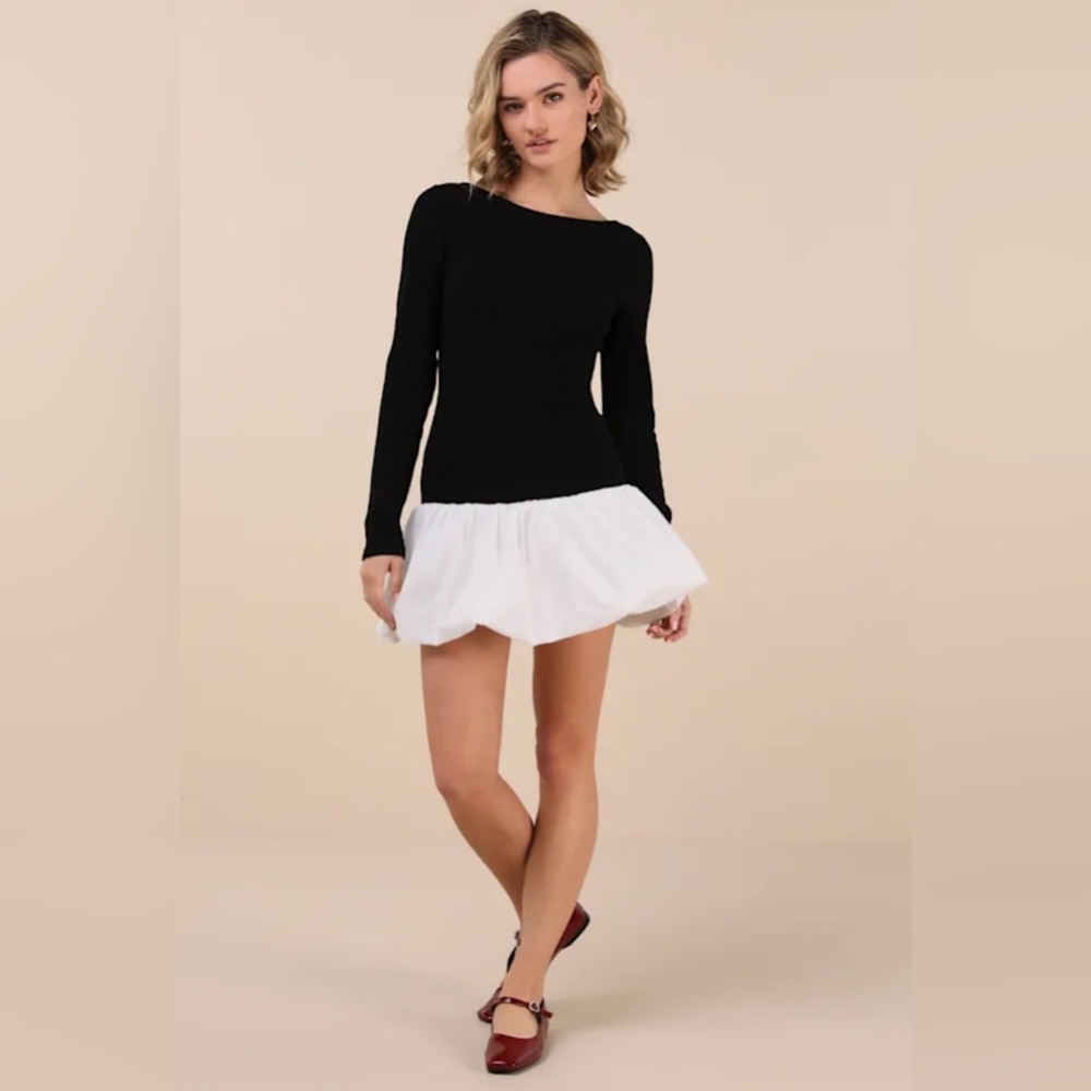 Lulus Black Ribbed Long Sleeve Drop‎ Waist Mini Dress NWT